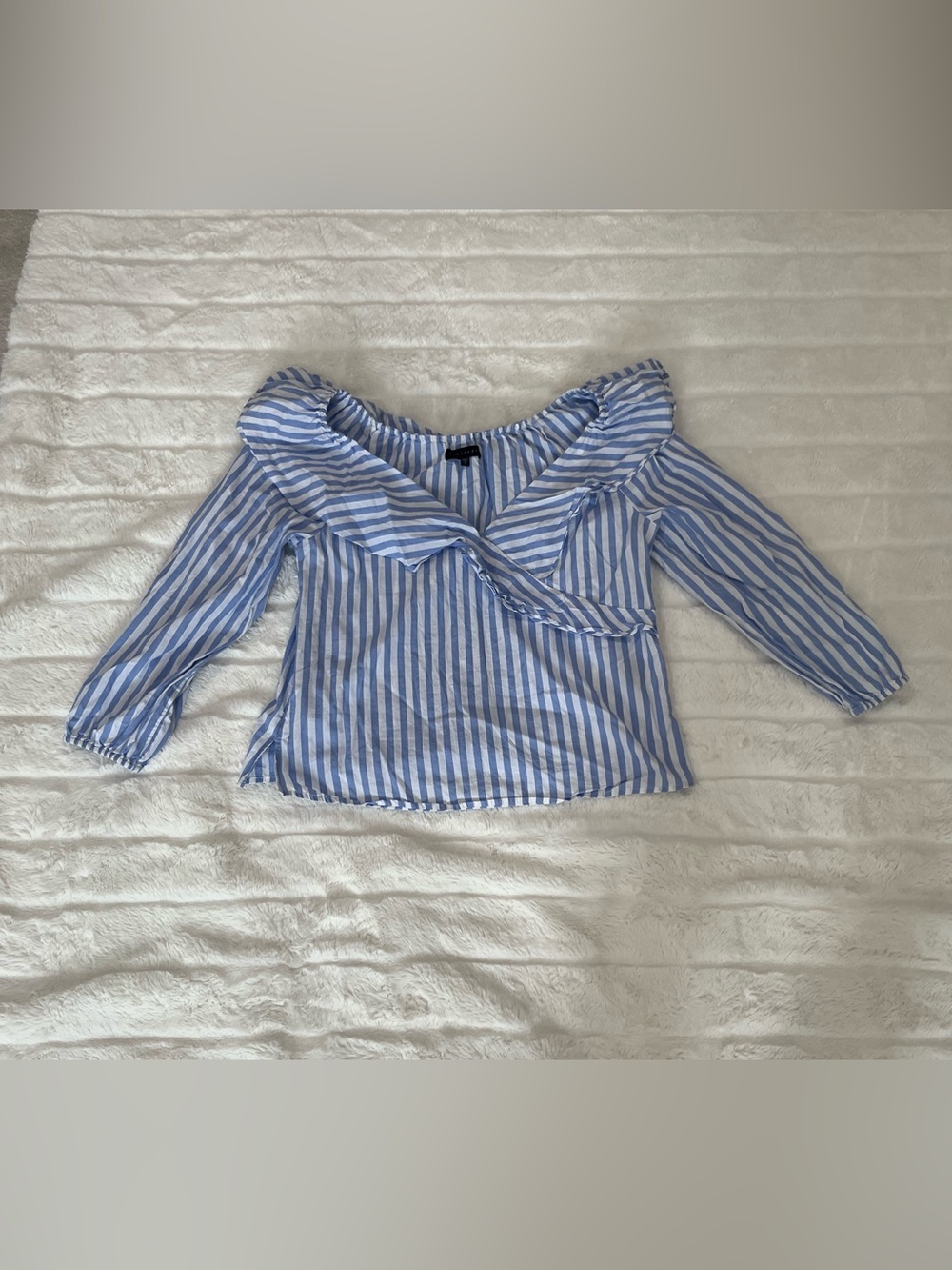 Light Blue and White Stripe Off-Shoulder Ruffle Blouse